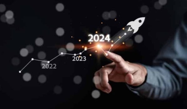 Pointing Happy New year 2024 with chart graph and countdown merry christmas and happy new year, Planning and challenge strategy business in new year 2024 Concept.