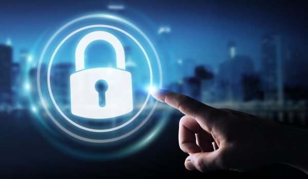 Businessman on blurred background protecting his datas with security interface 3D rendering